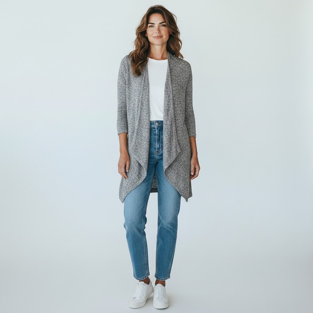 Eileen Fisher Sweater Womens XS Gray Excellent Linen Blend Open Front Long Line